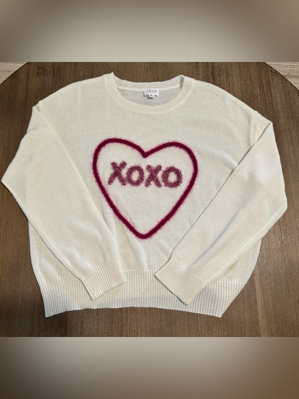 Le Lis Cream Crewneck Sweater with Pink Heart 'XOXO'